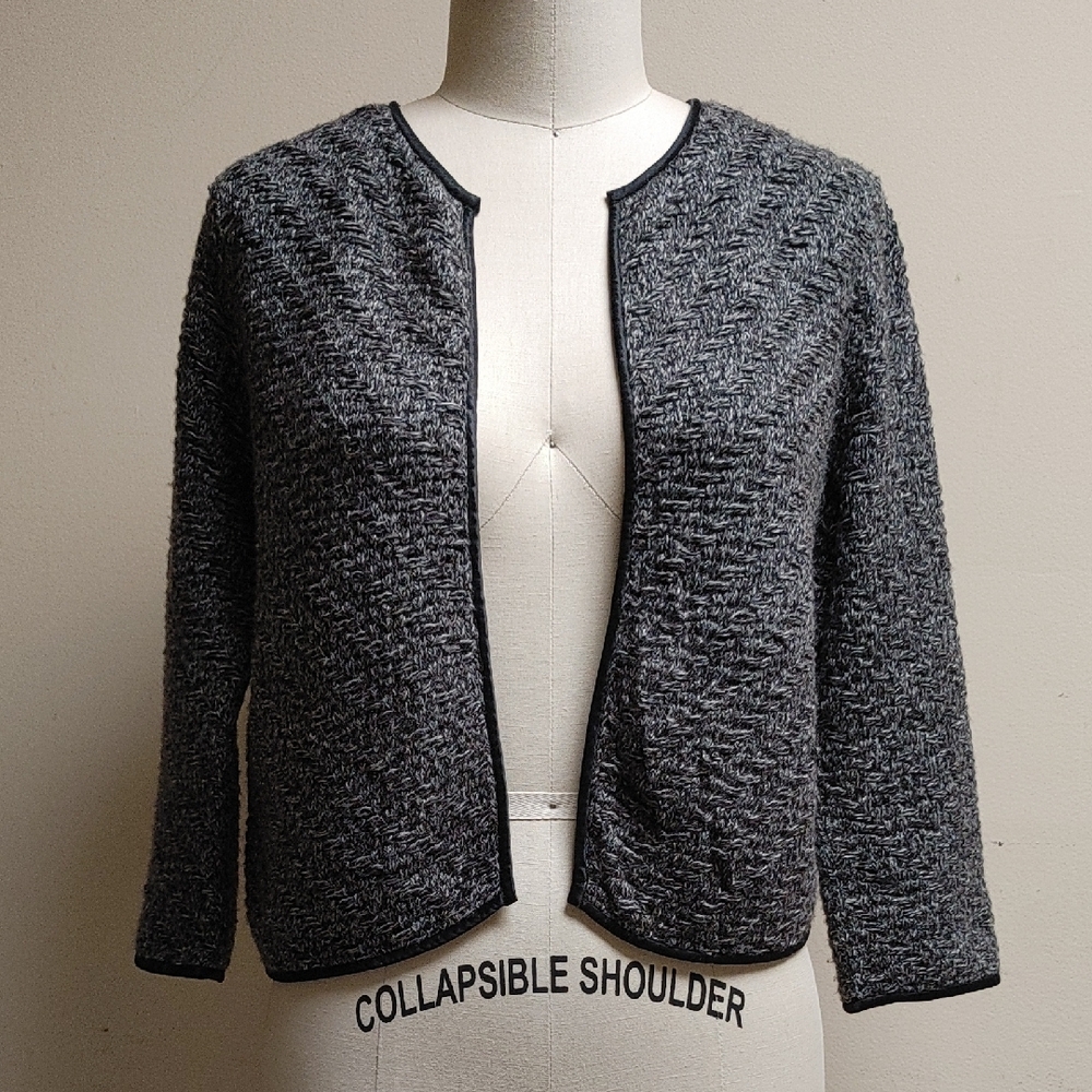 Ann Taylor Merino Wool and Silk Trim Cropped Cardigan Black and Gray
